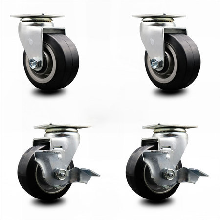 SERVICE CASTER 4 Inch Rubber on Aluminum Swivel Caster Set with Ball Bearings 2 Brakes SCC-20S420-RAB-2-TLB-2
